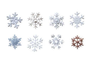 Set of snowflakes with high-detail geometry showcases various designs. Perfect for winter themes, Christmas decor, and New Year celebrations