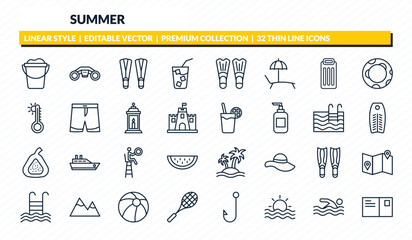 summer icons set - sand bucket, sea scooter, flippers, swimming person, postcard outline vector collection. © IconArt