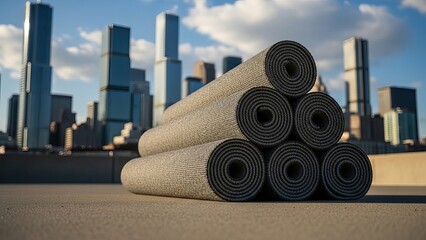 Rolled up outdoor mats in front of city skyline
