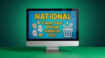 National Clean Your Virtual Desktop Day Illustration Showing File Icons and Trash Can on Monitor