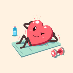 Cute cartoon heart character doing sit-ups on a yoga mat  for design.