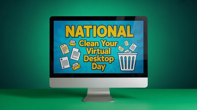National Clean Your Virtual Desktop Day Illustration Showing File Icons and Trash Can on Monitor