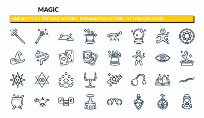 magic icons set - wand, magic, dust, unicycle, magic assistant outline vector collection. © IconArt