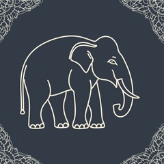 Obraz premium A minimalist illustration of an elephant outlined in white against a dark background, framed by decorative elements.