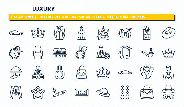 luxury icons set - lux car, crown, suit, handbag, ganster outline vector collection.