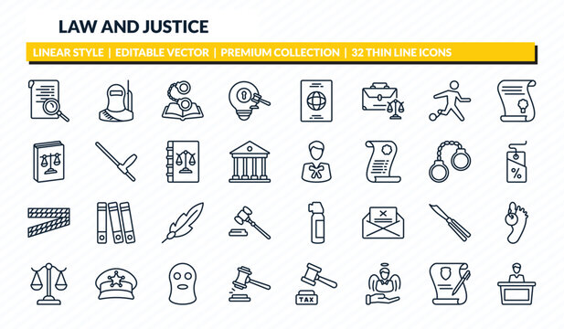 law and justice icons set - investigation, , criminal law, wills and trusts, court trial outline vector collection.