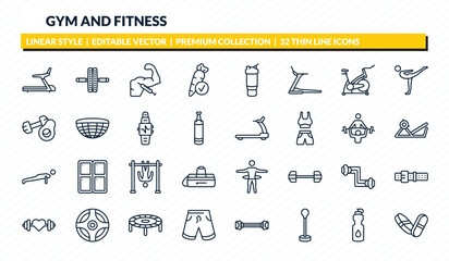 gym and fitness icons set - training apparatus, fitness wheel, steroids, isotonic, pill and tablet outline vector collection.