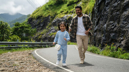 Happy Indian father and little daughter enjoying a fun walk on a scenic kerala mountain road, laughing and bonding together during a family vacation in a lush green outdoor nature setting.