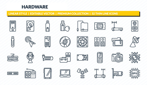 hardware icons set - system unit, harddrive, flash card, network interface card, gpu outline vector collection.
