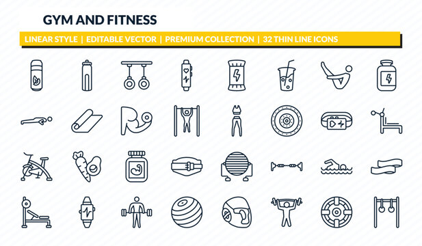 gym and fitness icons set - fitness drink, hydratation, gymnastic rings, iron shoot, rings exercises outline vector collection.
