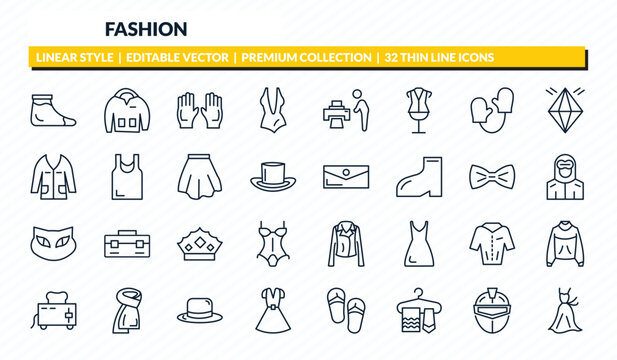 fashion icons set - warm sock, sweater with pockets, pair of gloves, general helmet, women drees outline vector collection.