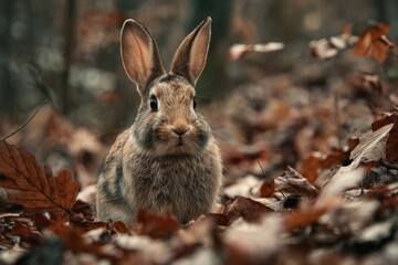 Fototapeta premium Alert Wild Rabbit Sits Among Fallen Leaves in Autumn Forest Scene
