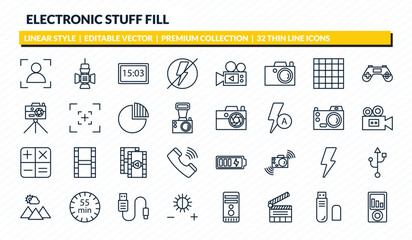 electronic stuff fill icons set - portrait, reflector, camera big screen size, pen drive, portable music player outline vector collection. © IconArt