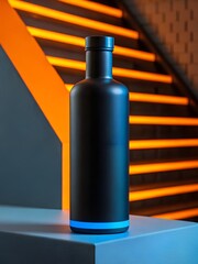 Modern black bottle on illuminated stairs