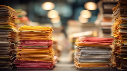 Large stacks of colorful paper documents and files. Represents excessive paperwork, data organization, or office workload.