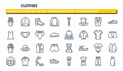 clothes icons set - housecoat, parka, danica shoes, jeans, tank top outline vector collection. © IconArt