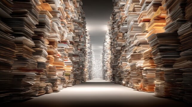 Towering stacks of disorganized paper documents form an endless corridor. Perfect for themes of bureaucracy, information overload, or endless records.