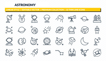 astronomy icons set - big satellite, alien, spaceman, space module, planets outline vector collection. © IconArt