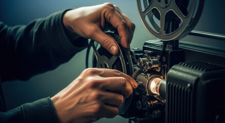 Naklejka premium Operating a Film Projector A Close Up View of Hands Adjusting a Reel on an Old Projector Showcasing the Mechanics and Artistry of Analog Media and Entertainment
