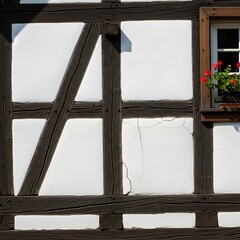 Half-Timbered House Detail - White Panels and Dark Wood Frame.