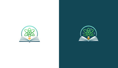 Science education vector logo with atom book and pencil