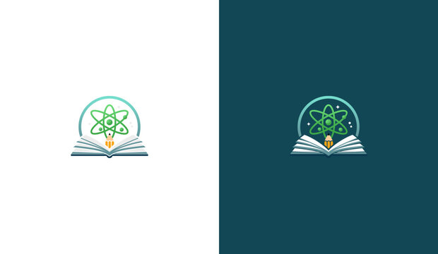 Science education vector logo with atom book and pencil