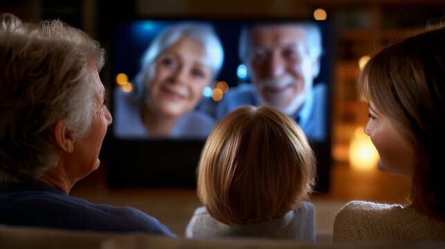 Familie nutzt Videochat und Livechat am Fernseher im Wohnzimmer