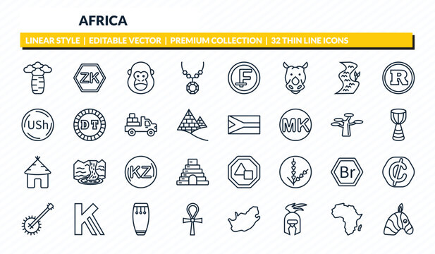 africa icons set - baobab, zambian kwacha, gorilla, africa, zebra outline vector collection.