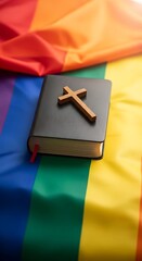 Bible and Cross on Rainbow Flag - Faith and LGBTQ Inclusion.