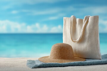 Straw hat, tote bag, and blue towel on sand with ocean. Ideal for showcasing summer holidays, travel, and relaxation.