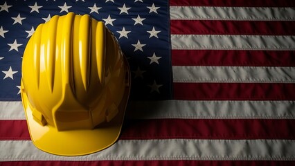 American construction worker hard hat on usa flag background