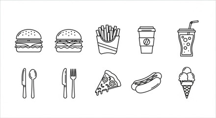 Fast food icons burger pizza fries and soda in a minimalist black and white line art style perfect for restaurant menus food delivery apps and culinary themed design projects