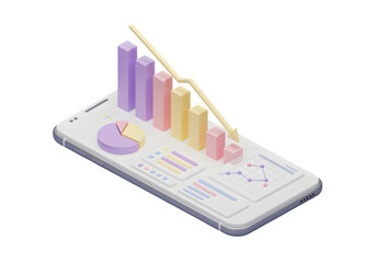 Isometric smartphone displaying business data analysis charts