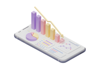 Isometric smartphone displaying business data analysis charts
