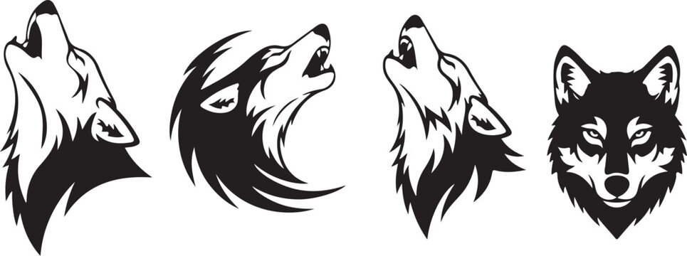 Set of black and white wolf head logos in different styles  vector illustration