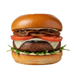 Gourmet beef burger with melted cheese, sweet caramelized onions, and fresh tomatoes on a brioche bun, isolated on tarnsparent background for food menus