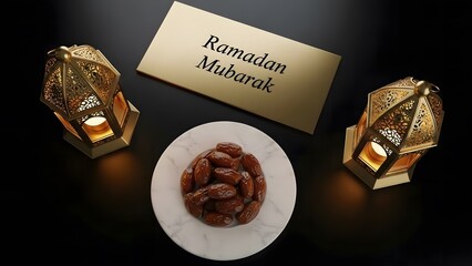 Ramadan Mubarak gold plaque with dates and lanterns on a dark background.