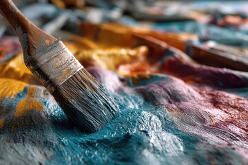 Close-up of an artist's brush covered in teal paint on a colorful canvas. Showcases artistic process, creativity, and the beauty of handmade art.