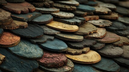 Rustic overlapping wooden shingles create a vibrant textured background. Ideal background for nature, texture, or artisanal craft designs.