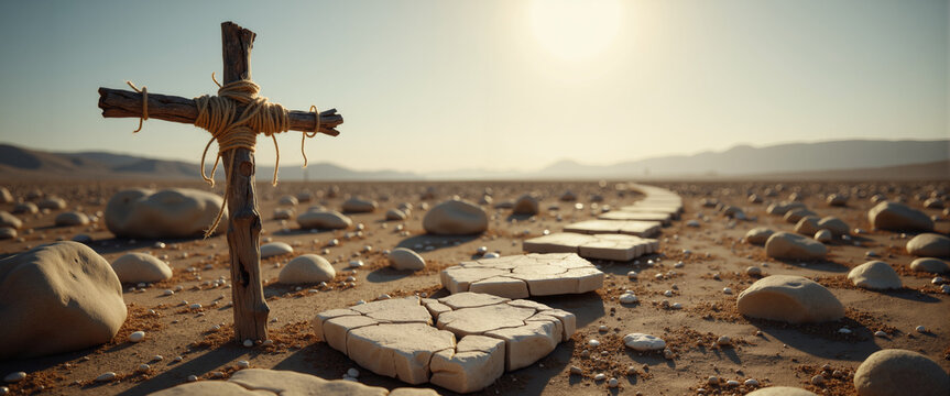 Wooden cross standing on rocky path in desert landscape, concept of Lent  