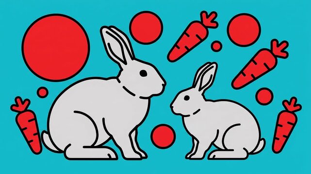 Rabbits On Teal With Red Accents Flat 2D vector outline illustration animation motion graphics Clean solid background