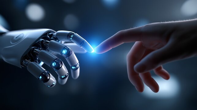 Menschliche Hand ber&uuml;hrt futuristischen Roboterfinger in blauem Licht