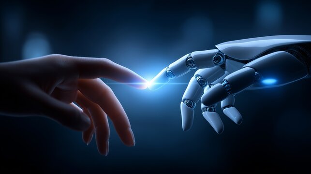 Menschliche Hand ber&uuml;hrt futuristischen Roboterfinger in blauem Licht