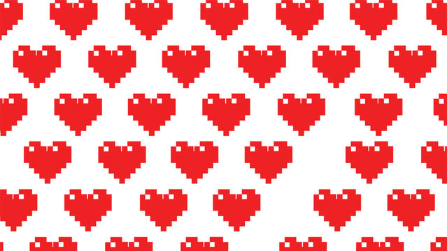 Seamless repeating pattern of red pixelated hearts on a white background, representing love and romance in a retro 8-bit video game style.