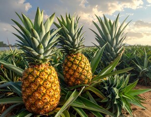 Fototapeta premium Fresh Pineapples Growing in Lush Green Fields Under a Blue Sky