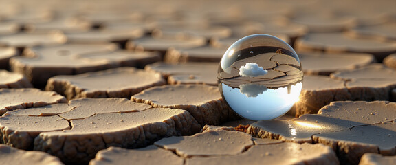 Crystal-clear water droplet hovering above cracked, parched earth texture  