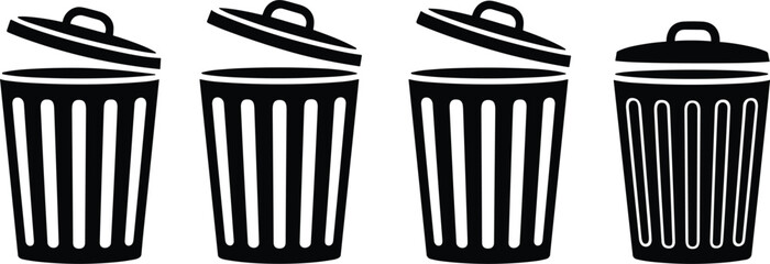 Four black trash cans with lids open and closed on white background garbage bin waste bin © Creatives Mind