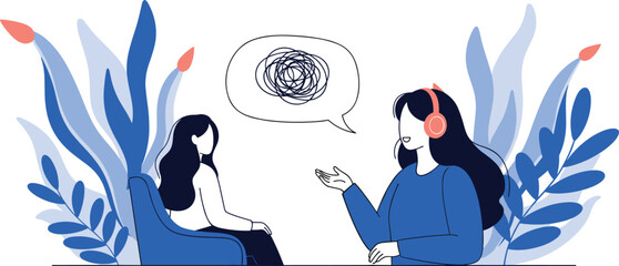 Stylized illustration of therapy session with counselor and client discussing emotions for mental health, support, communication, and psychological wellness themes