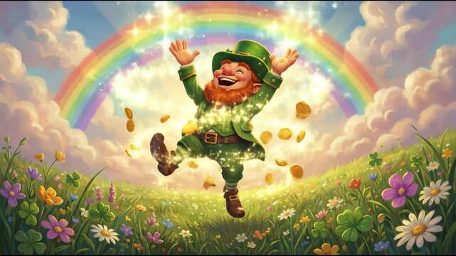 Leprechaun in green attire joyfully dances amidst flowers and a rainbow, tossing golden coins into the air, creating a magical scene of celebration and abundance. Saint Patrick's Day