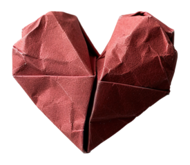 A red origami heart is displayed on a transparent background. This cut-out design can be used for decorations, cards, and various creative projects to express feelings